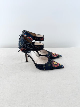 Christian Dior Canvas Floral Pointy Toe Stilettos Pumps Black Women's Size 38.5