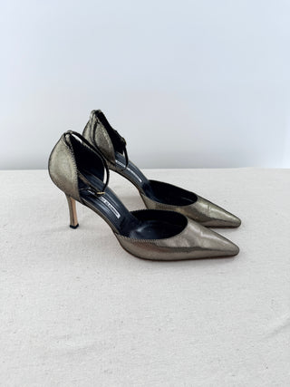 Manolo Blahnik Sunset Blitz Pointed Toe Stilettos Heels Pumps Gold Bronze EU 42
