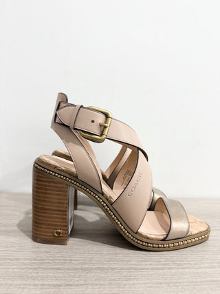 NWOT Coach Mandy Leather Slip On Block Heel Ankle Strappy Sandals Beige US 7.5
