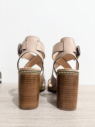 NWOT Coach Mandy Leather Slip On Block Heel Ankle Strappy Sandals Beige US 7.5