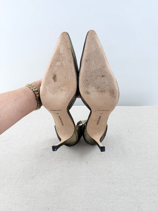 Manolo Blahnik Sunset Blitz Pointed Toe Stilettos Heels Pumps Gold Bronze EU 42