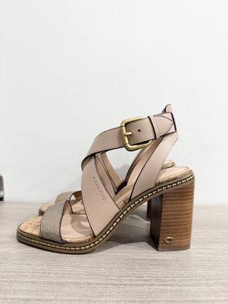 NWOT Coach Mandy Leather Slip On Block Heel Ankle Strappy Sandals Beige US 7.5