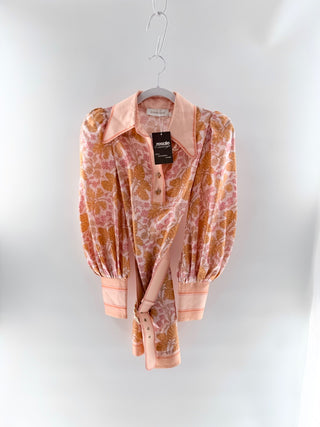 Zimmermann Kaleidoscope Logn Sleeve Shift Mini Dress Geranium Orange 0 Petite