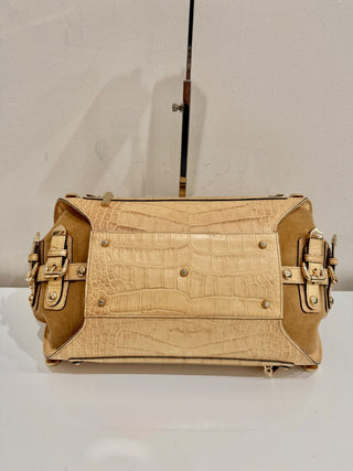 Versace Canyon Crocodile Embossed Leather Suede Medusa Bag Beige Medium