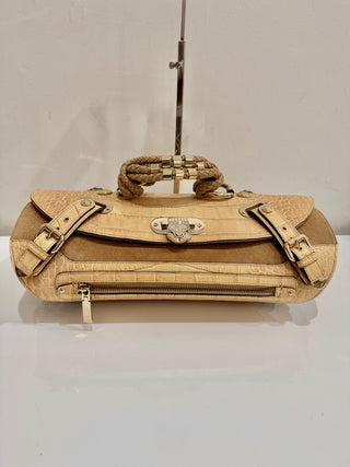Versace Canyon Crocodile Embossed Leather Suede Medusa Bag Beige Medium