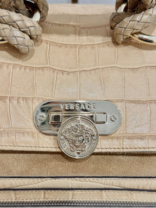 Versace Canyon Crocodile Embossed Leather Suede Medusa Bag Beige Medium