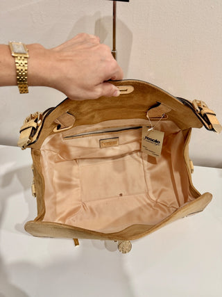 Versace Canyon Crocodile Embossed Leather Suede Medusa Bag Beige Medium