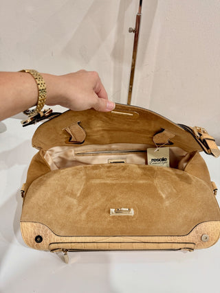 Versace Canyon Crocodile Embossed Leather Suede Medusa Bag Beige Medium