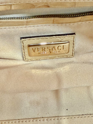 Versace Canyon Crocodile Embossed Leather Suede Medusa Bag Beige Medium