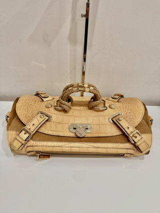 Versace Canyon Crocodile Embossed Leather Suede Medusa Bag Beige Medium