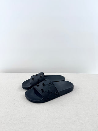 NWT Gucci Pursuit GG Logo Rubber Slip On Slides Sandals Black Women's Size US 6