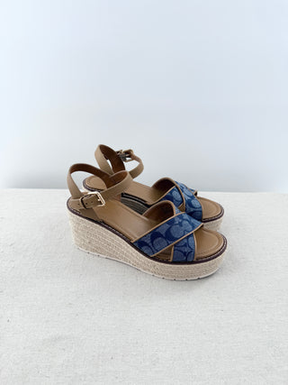 Coach Kimberly Ankle Strap Wedge Espadrille Sandals Chambray Women's Size US 7