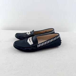 Tod's Gommino Leather Slip On Flat Driving Loafers Black White Trim Womens EU 41