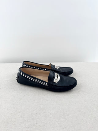 Tod's Gommino Leather Slip On Flat Driving Loafers Black White Trim Womens EU 41