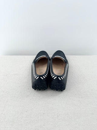 Tod's Gommino Leather Slip On Flat Driving Loafers Black White Trim Womens EU 41
