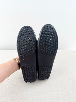 Tod's Gommino Leather Slip On Flat Driving Loafers Black White Trim Womens EU 41