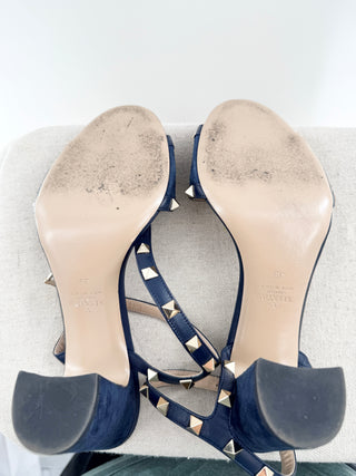 Valentino suede denim look block heel rock stud sandals, 39
