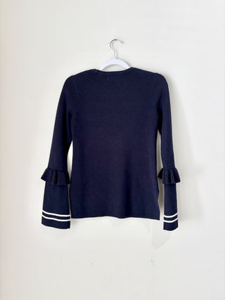 Rebecca Minkoff Cara Ruffle Bell Sleeve Pullover Sweater Navy Blue Women's XS