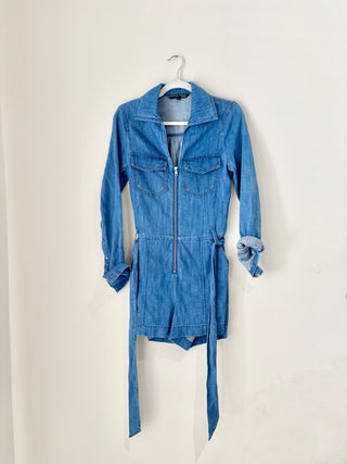 Veronica Beard Jeans Keenan Denim Belted One-Piece Romper Blue Women's Size XS