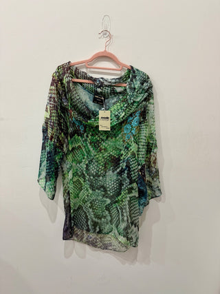 Vanita Rosa Semi Sheer Animal Print Off Shoulder Tunic Silk Top Green Womens M