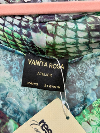 Vanita Rosa Semi Sheer Animal Print Off Shoulder Tunic Silk Top Green Womens M