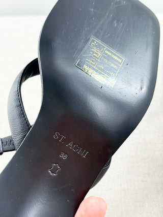 NWOT St. Agni Leather Square Toe Sling Back Thong Heel Sandals Black Women EU 36