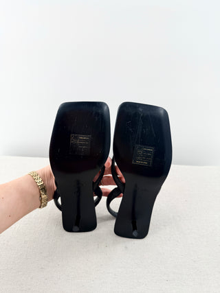 NWOT St. Agni Leather Square Toe Sling Back Thong Heel Sandals Black Women EU 36