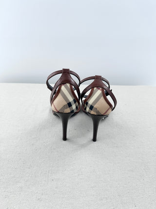 Burberry Leather and Check Ankle Strap High Heel Sandals Brown Tan Womens EU 37