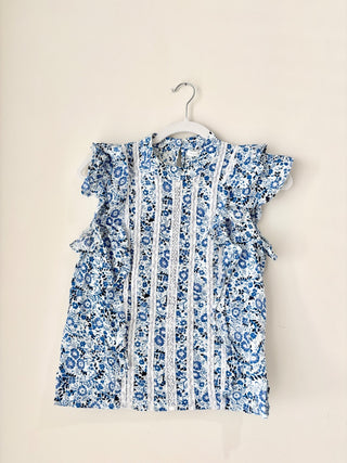 Veronica Beard blue floral cotton ruffle top, 2