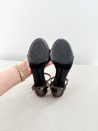 Burberry Leather and Check Ankle Strap High Heel Sandals Brown Tan Womens EU 37