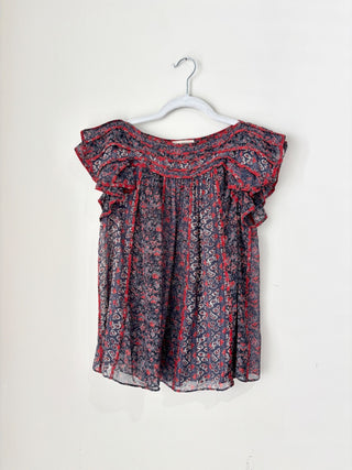Ulla Johnson blue red ruffle semi sheer top, 0