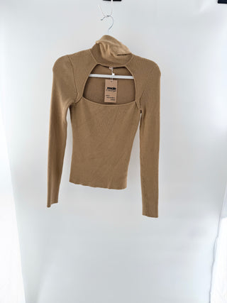 Camila Coelho ribbed knit sweater featuring a layered cut-out design with a fitted underlayer and attached turtleneck overlay designed in soft stretch knit, S
