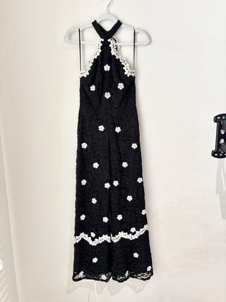 Alexis Kayla Halterneck Lace Floral Appliqué Wide-Leg Jumpsuit Black Women's S