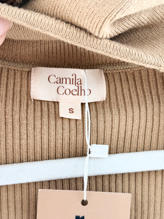 Camila Coelho ribbed knit sweater featuring a layered cut-out design with a fitted underlayer and attached turtleneck overlay designed in soft stretch knit, S