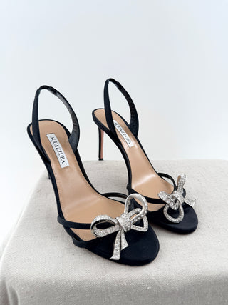 Aquazzura satin rhinestone bow heel sandals, 39.5