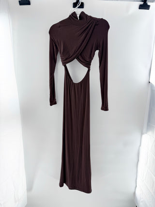 Bayse Long Sleeve High Neck Cutout Waist Formal Maxi Dress Brown Women's Size XS