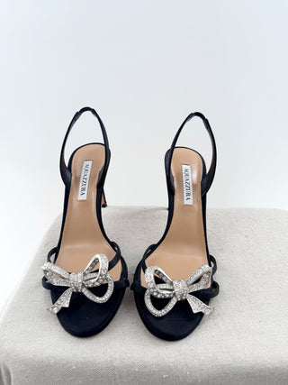 Aquazzura satin rhinestone bow heel sandals, 39.5