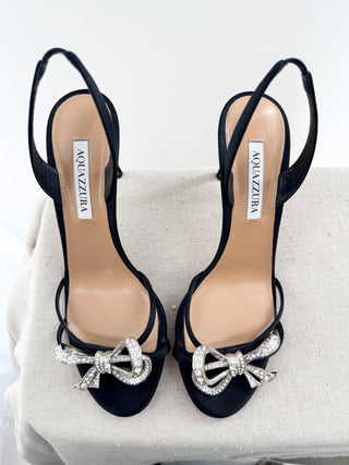 Aquazzura satin rhinestone bow heel sandals, 39.5