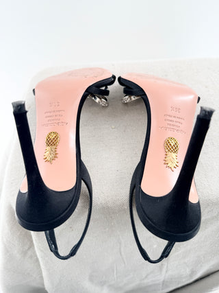 Aquazzura satin rhinestone bow heel sandals, 39.5