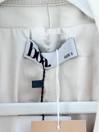 BOA leather belted trench coat designed with structured double-breasted silhouette and notch lapels, S