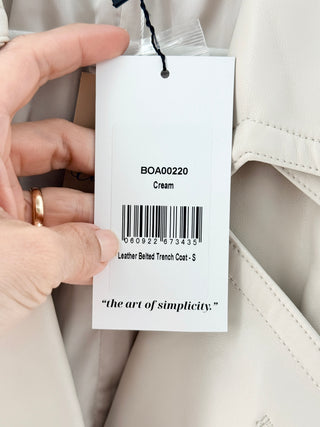 BOA leather belted trench coat designed with structured double-breasted silhouette and notch lapels, S