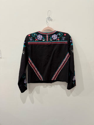 Parker Embroidered Floral Zip Up Round Neck Crop Jacket Black Multi Womens Small