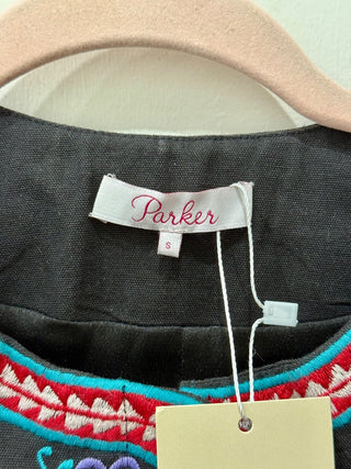 Parker Embroidered Floral Zip Up Round Neck Crop Jacket Black Multi Womens Small
