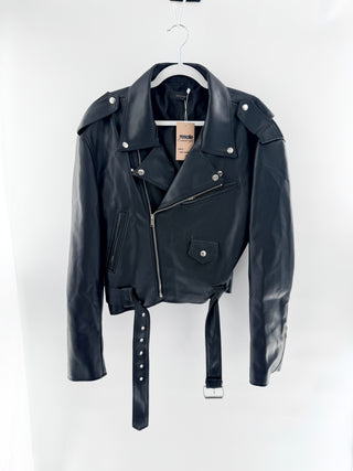 Storets faux leather cropped moto jacket featuring oversized, exaggerated lapels and asymmetrical zip closure, designed with hardware and statement belt, S/M