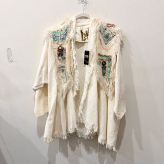 Crystal Embellished Fringe Cape Cotton Oversized Jacket White Multi Women Size M