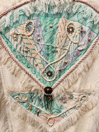 Crystal Embellished Fringe Cape Cotton Oversized Jacket White Multi Women Size M