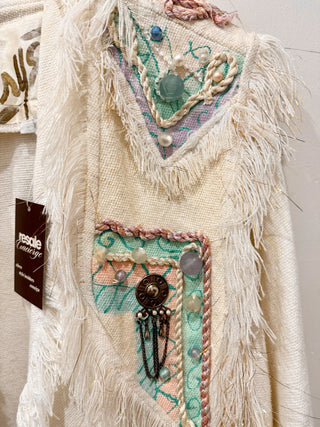 Crystal Embellished Fringe Cape Cotton Oversized Jacket White Multi Women Size M