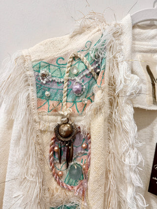 Crystal Embellished Fringe Cape Cotton Oversized Jacket White Multi Women Size M