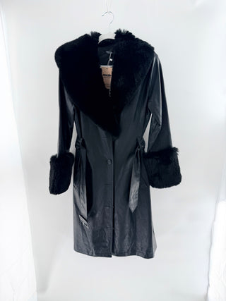 nasty gal "I'm That Girl" faux leather trench coat designed with dramatic oversized faux fur collar and matching cuff detailing, featuring button-front closure and adjustable waist ties, 4