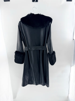 nasty gal "I'm That Girl" faux leather trench coat designed with dramatic oversized faux fur collar and matching cuff detailing, featuring button-front closure and adjustable waist ties, 4